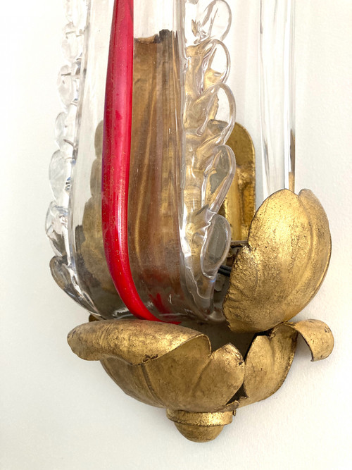 Pair of Wall Sconces, In Leafy Metal, Gilded And Glass - 1940s