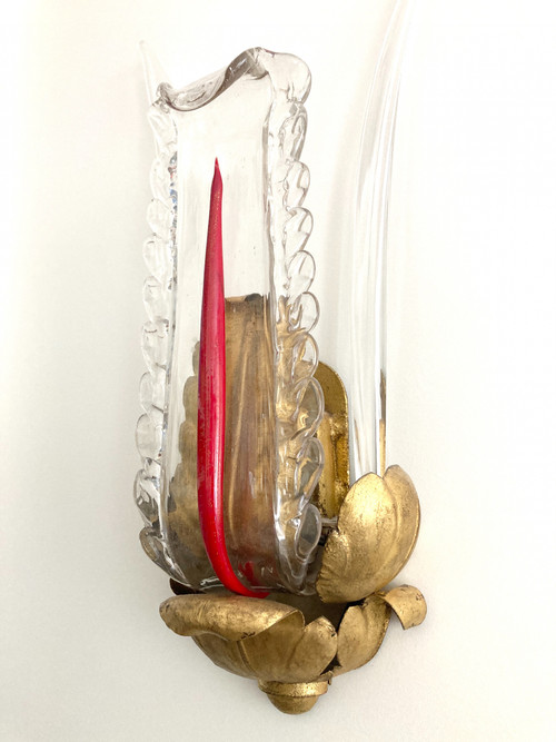Pair of Wall Sconces, In Leafy Metal, Gilded And Glass - 1940s