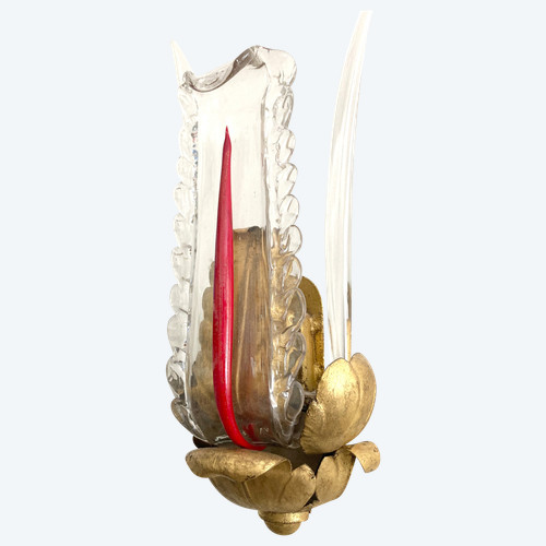 Pair of Wall Sconces, In Leafy Metal, Gilded And Glass - 1940s