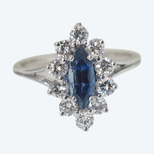 Anello Navette In Oro Bianco, Zaffiro E Diamanti