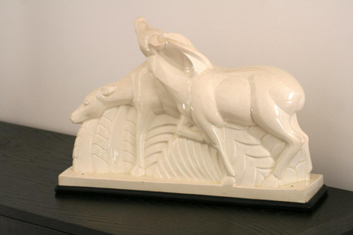 Coppia di antilopi in ceramica screpolata, firmata Lemanceau, Art Déco