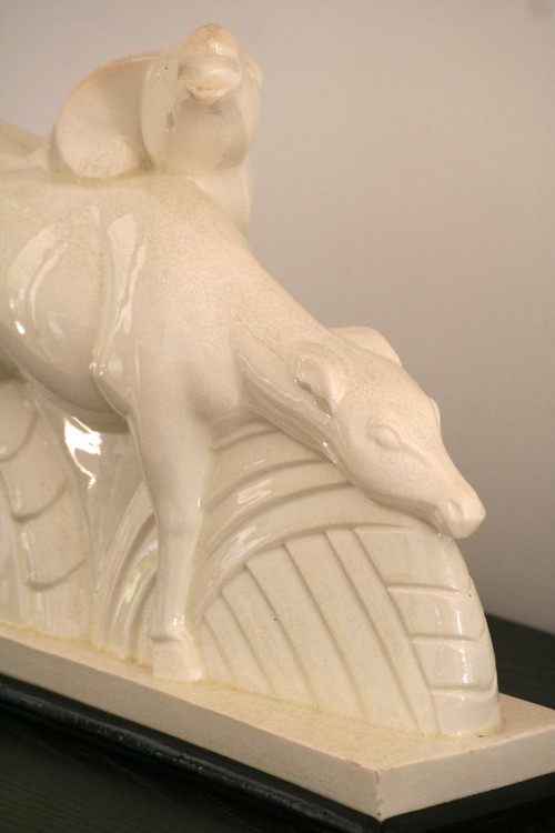 Coppia di antilopi in ceramica screpolata, firmata Lemanceau, Art Déco