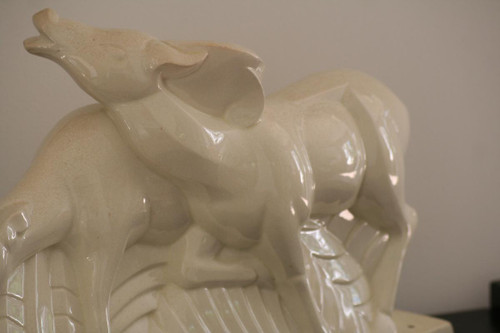 Coppia di antilopi in ceramica screpolata, firmata Lemanceau, Art Déco