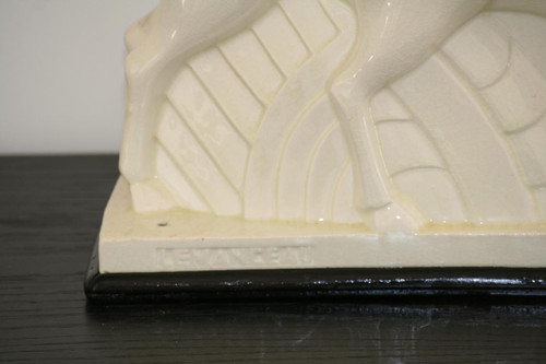 Coppia di antilopi in ceramica screpolata, firmata Lemanceau, Art Déco