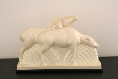Coppia di antilopi in ceramica screpolata, firmata Lemanceau, Art Déco