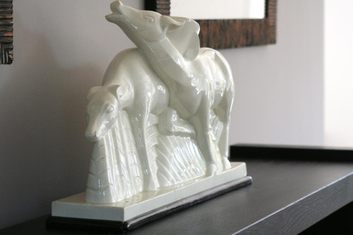 Coppia di antilopi in ceramica screpolata, firmata Lemanceau, Art Déco