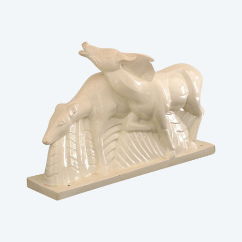 Coppia di antilopi in ceramica screpolata, firmata Lemanceau, Art Déco