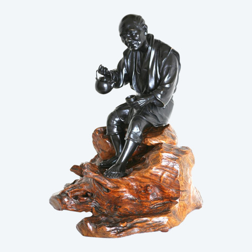 Statua in bronzo con patina nera, Okimono - Uomo giapponese, tardo periodo Meiji