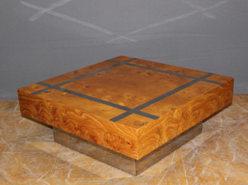 Table Basse Carré En Frêne Et Inox Vers 1970