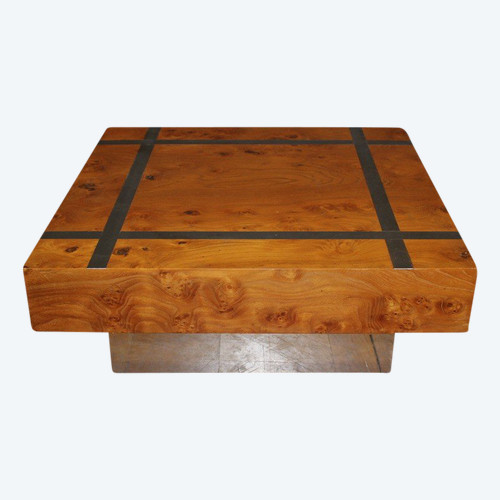 Table Basse Carré En Frêne Et Inox Vers 1970