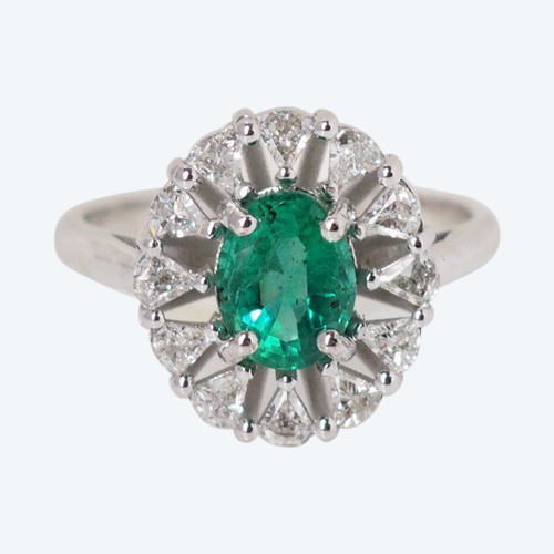 Anello Entourage In Oro Bianco, Smeraldo Ovale E Diamanti