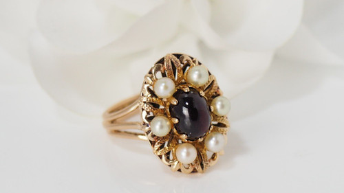 Anello Vintage In Oro Rosa, Cabochon Di Granato E Perle