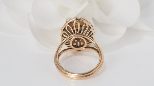 Anello Vintage In Oro Rosa, Cabochon Di Granato E Perle