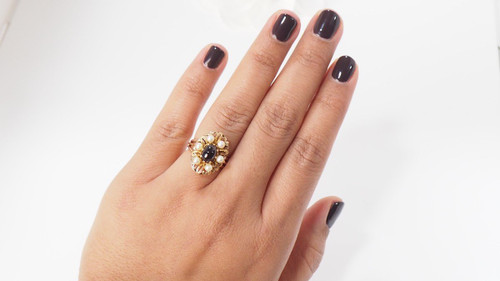 Anello Vintage In Oro Rosa, Cabochon Di Granato E Perle