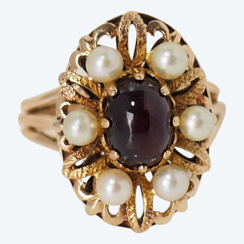 Anello Vintage In Oro Rosa, Cabochon Di Granato E Perle