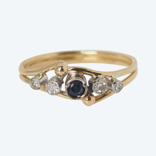 Bague Années 40 En Or Jaune, Saphir Et Diamants
