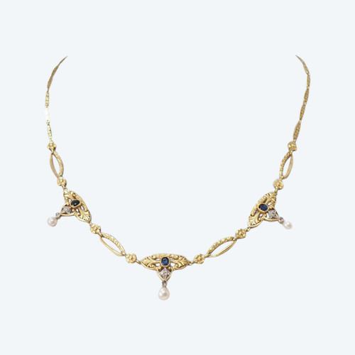Alte Halskette aus Gelbgold und Platin, Saphirperlen und Diamanten