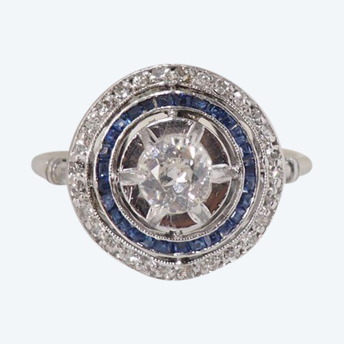 Bague Art Déco En Platine, Diamants Et Saphirs