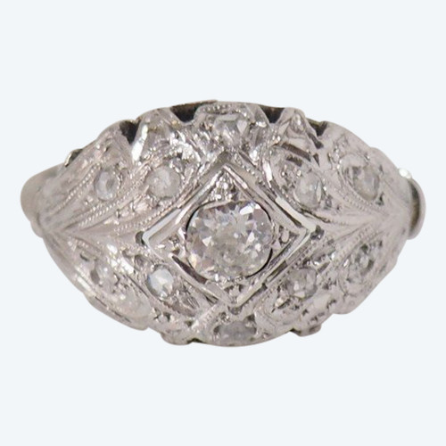 Bague Dôme En Or Blanc Et Platine, Sertie De Diamants