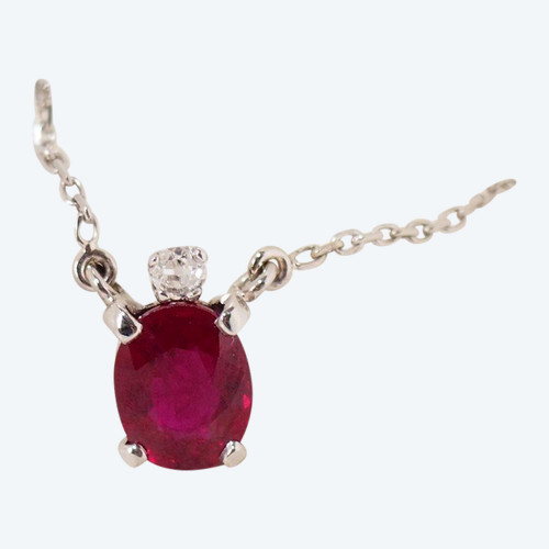 Necklace In White Gold, Oval Ruby And Diamond