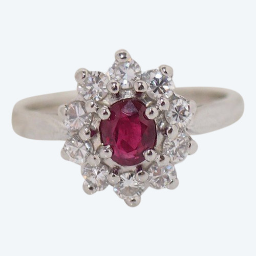 Bague Marguerite En Or Blanc, Rubis Et Diamants