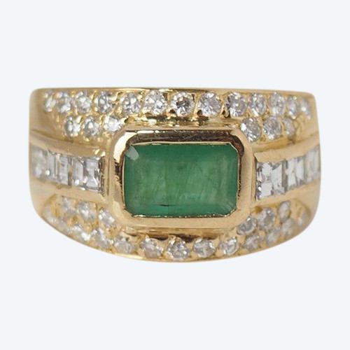 Anello A Fascia In Oro Giallo, Smeraldo E Diamanti