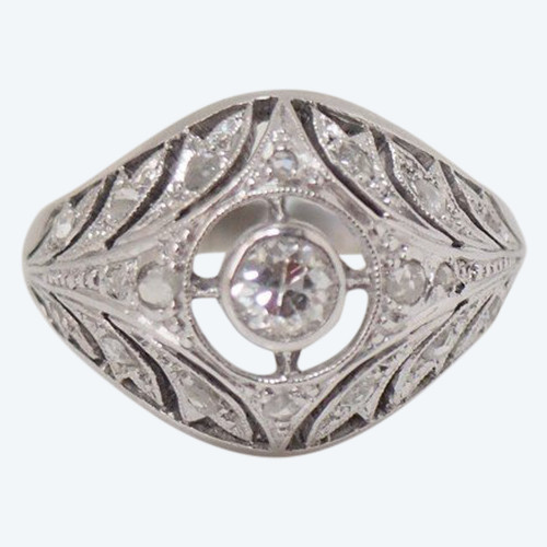 Anello Cupola In Oro Bianco E Platino Incastonato Con Rose