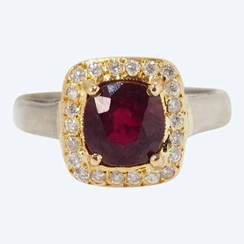 Ring In Two-tone Gold, Red Stone And Diamonds