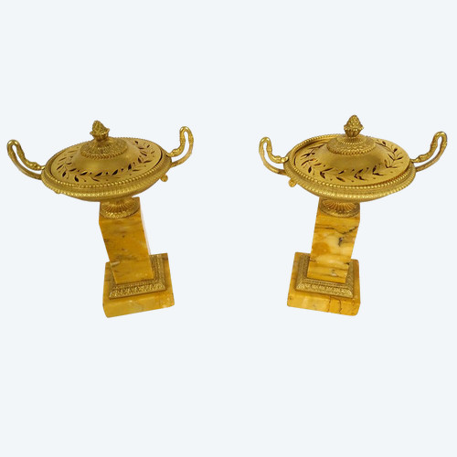 Pair of Empire Incense Burners in Bronze and Sienna Marble, 19th Restoration