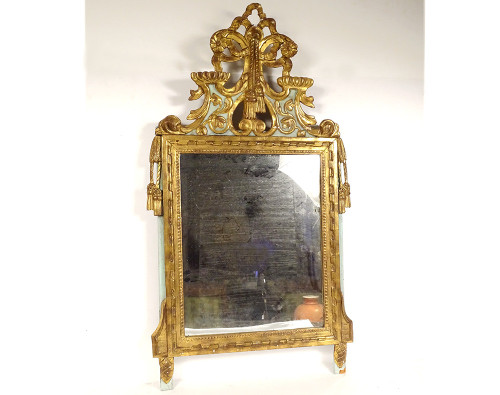 Louis XVI Mirror in Golden Carved Wood, Pediment with Bow Flower Ribbons, 18th Century Mirror
