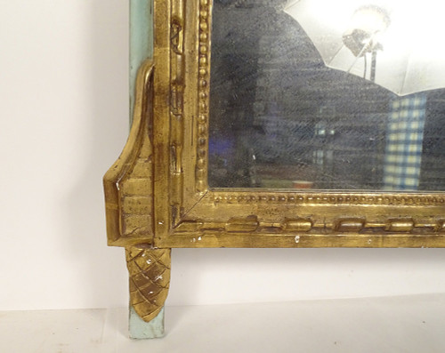 Louis XVI Mirror in Golden Carved Wood, Pediment with Bow Flower Ribbons, 18th Century Mirror