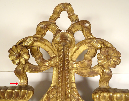 Louis XVI Mirror in Golden Carved Wood, Pediment with Bow Flower Ribbons, 18th Century Mirror