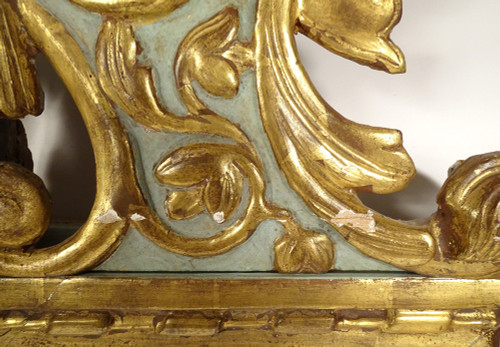 Louis XVI Mirror in Golden Carved Wood, Pediment with Bow Flower Ribbons, 18th Century Mirror