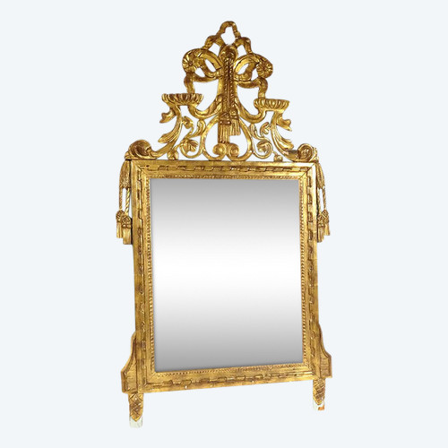 Louis XVI Mirror in Golden Carved Wood, Pediment with Bow Flower Ribbons, 18th Century Mirror