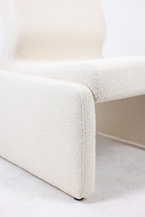 Pair of white bouclé low chairs, 1970s