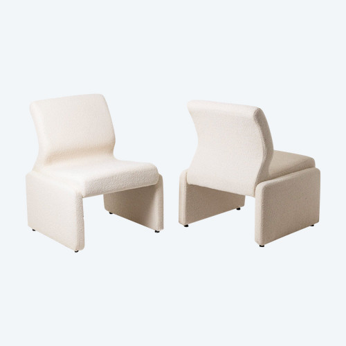 Pair of white bouclé low chairs, 1970s