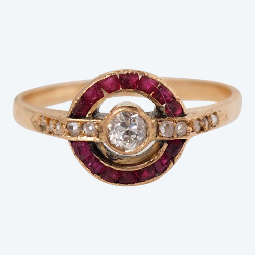 Anello In Oro Rosa, Diamanti E Rubini Calibrati