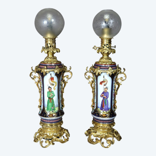 Pair Of Lamps In Bayeux Porcelain And Gilt Bronze 19th Century