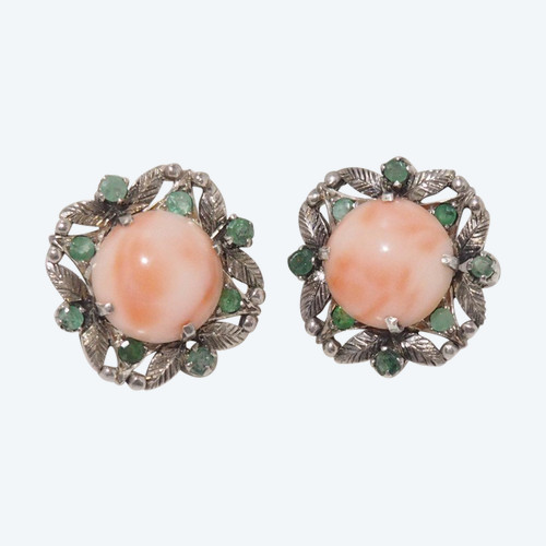 Boucles d'Oreilles En Argent, Corail Et Emeraudes