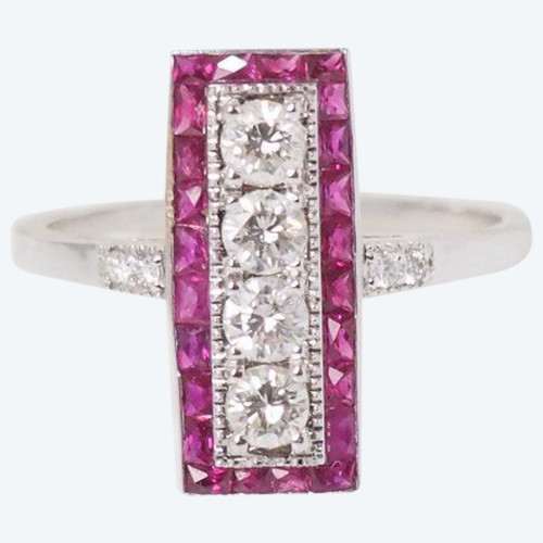 Anello Art Déco In Oro Bianco, Rubini E Diamanti