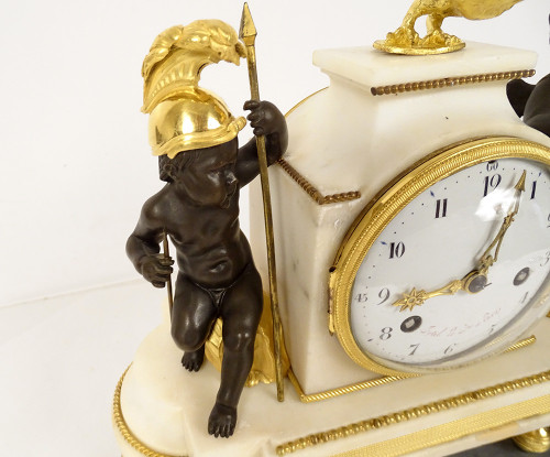 Pendulum in Gilt Bronze and Turquin Carrara Marble "Warrior Loves" Cupid XVIII