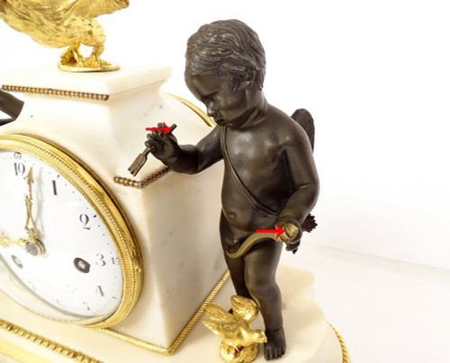 Pendulum in Gilt Bronze and Turquin Carrara Marble "Warrior Loves" Cupid XVIII