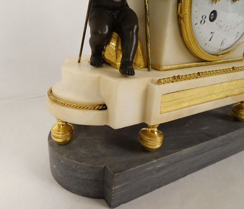 Pendulum in Gilt Bronze and Turquin Carrara Marble "Warrior Loves" Cupid XVIII