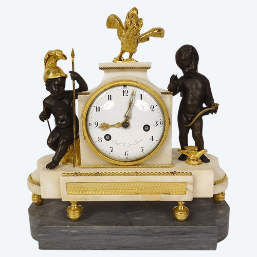 Pendulum in Gilt Bronze and Turquin Carrara Marble "Warrior Loves" Cupid XVIII