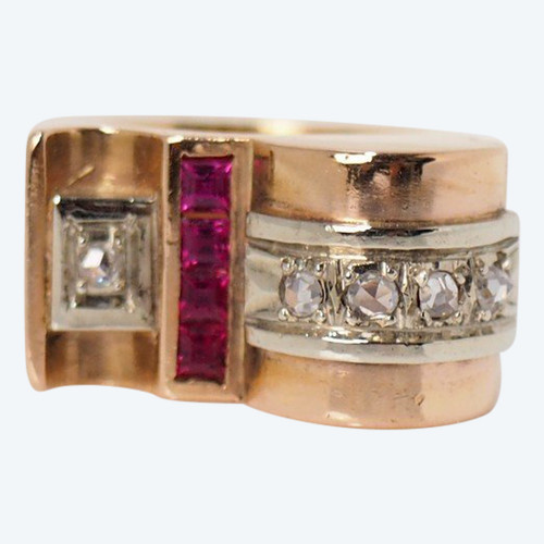 Tank Ring In Rosa, Pietre Rosse E Diamanti