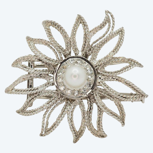 Openwork Flower Brooch In White Gold, Cultured Pearl And Diamonds