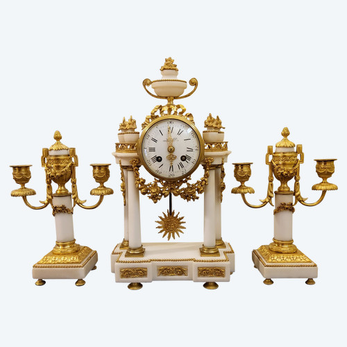 Pendulum and Candelabra in gilt bronze and White Marble "Planchon" Louis XVI late 19th century