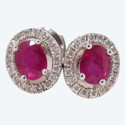 Boucles d'Oreilles En Or Blanc, Rubis Et Diamants