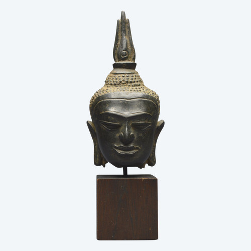 Ancien royaume De Siam, XIVème - XVème siècle, Style de U-Thong, Petite tête de Bouddha en bronze