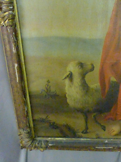 Grande dipinto del XIX secolo "San Giovanni Battista e l'agnello mistico", cornice del XVII secolo